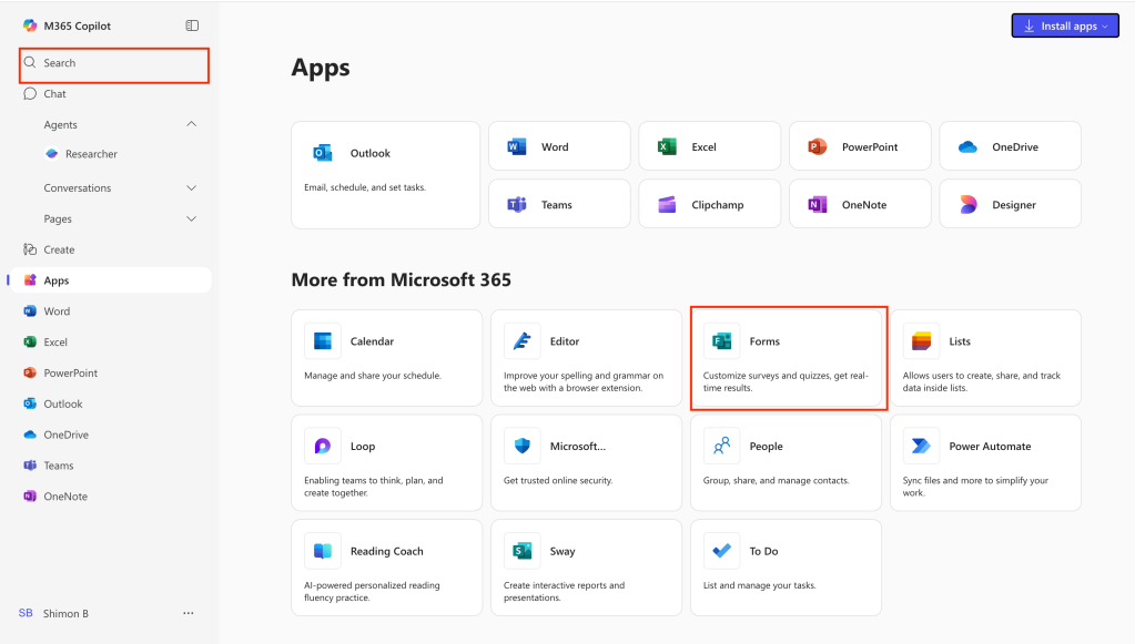 microsoft 365 apps page with forms app and search highlighted