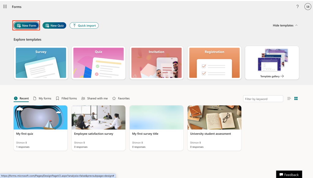 microsoft forms home page with new form button highlighted