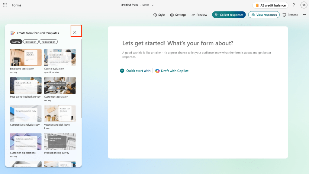 a new form in microsoft forms with templates panel at left