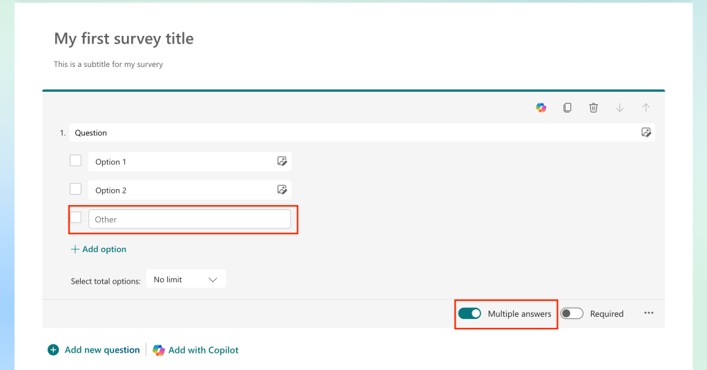multiple choice question with other option and multiple answers slider on