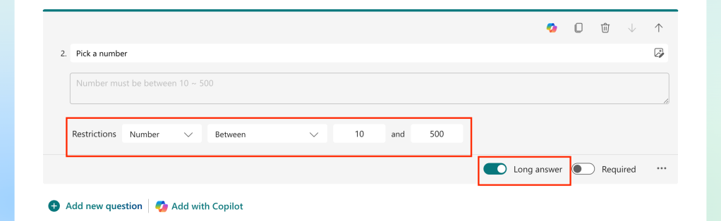 text question with number restrictions in place