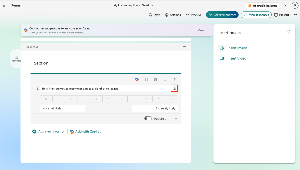 question in microsoft forms with image icon highlighted and insert media panel open to right