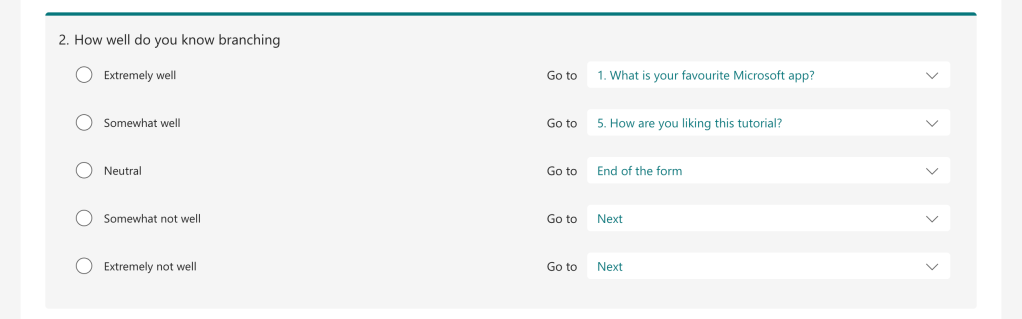 multiple choice question with branching designated for each response