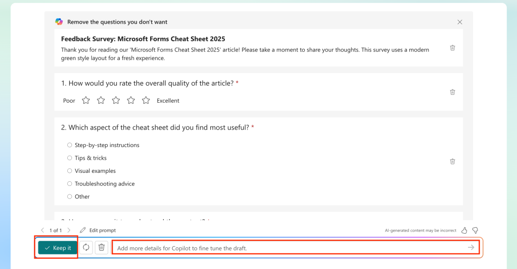 feedback survey generated by copilot with options for keeping and refining the prompt highlighted at bottom