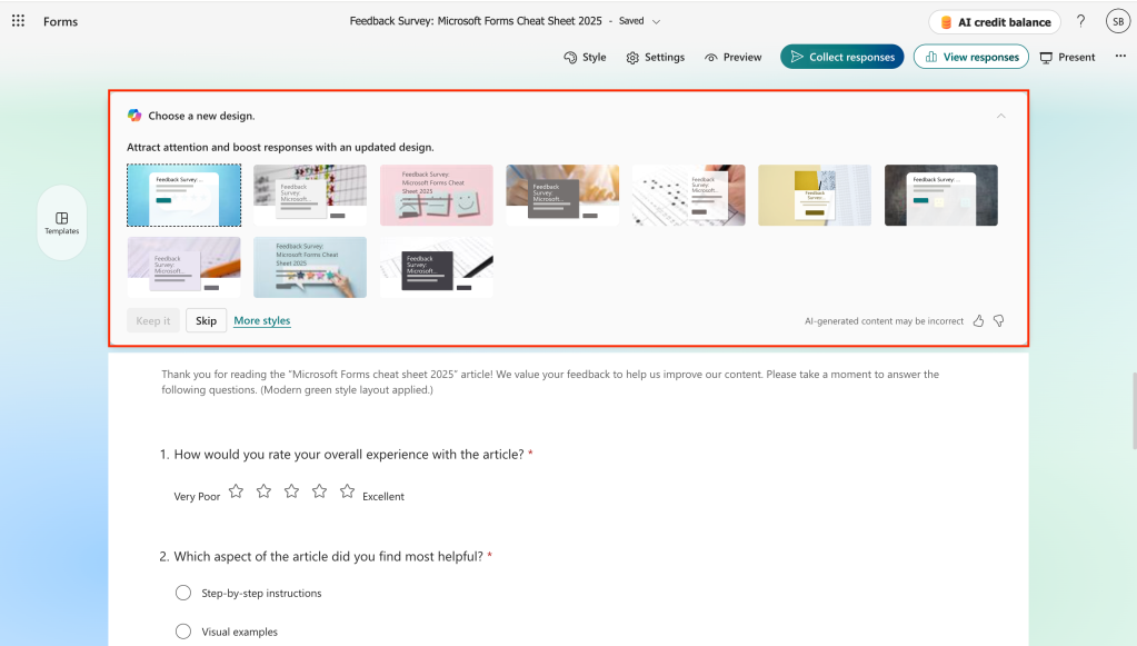 suggestion from copilot to choose a new design for a form