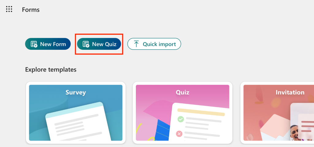 microsoft forms home page with new quiz button highlighted