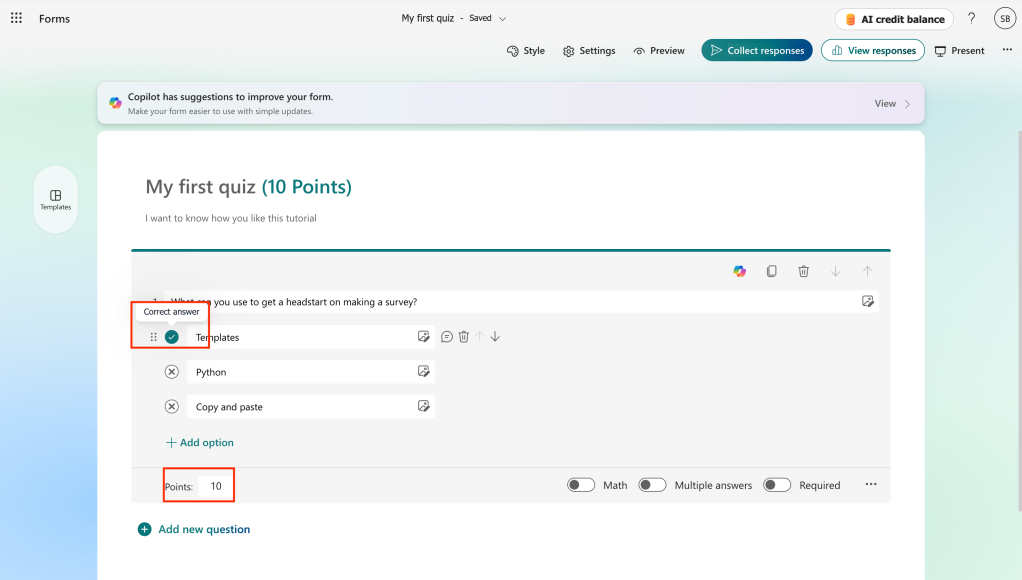 creating a quiz question with a correct answer indicated and point value assigned