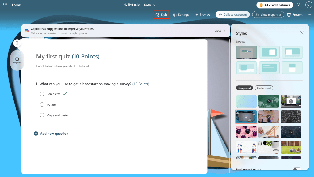 a form with the styles panel open to right