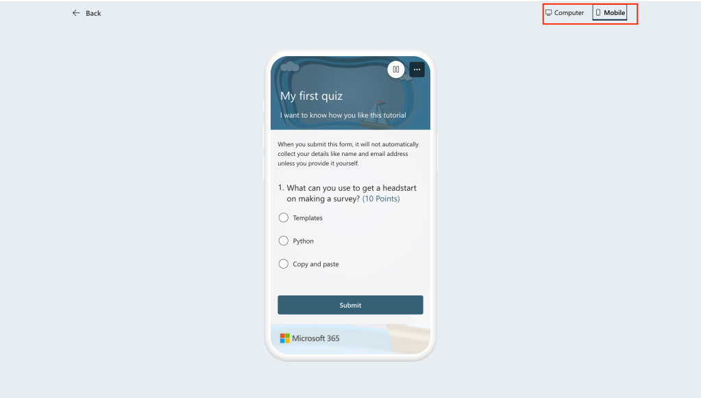 preview of a quiz as shown on mobile