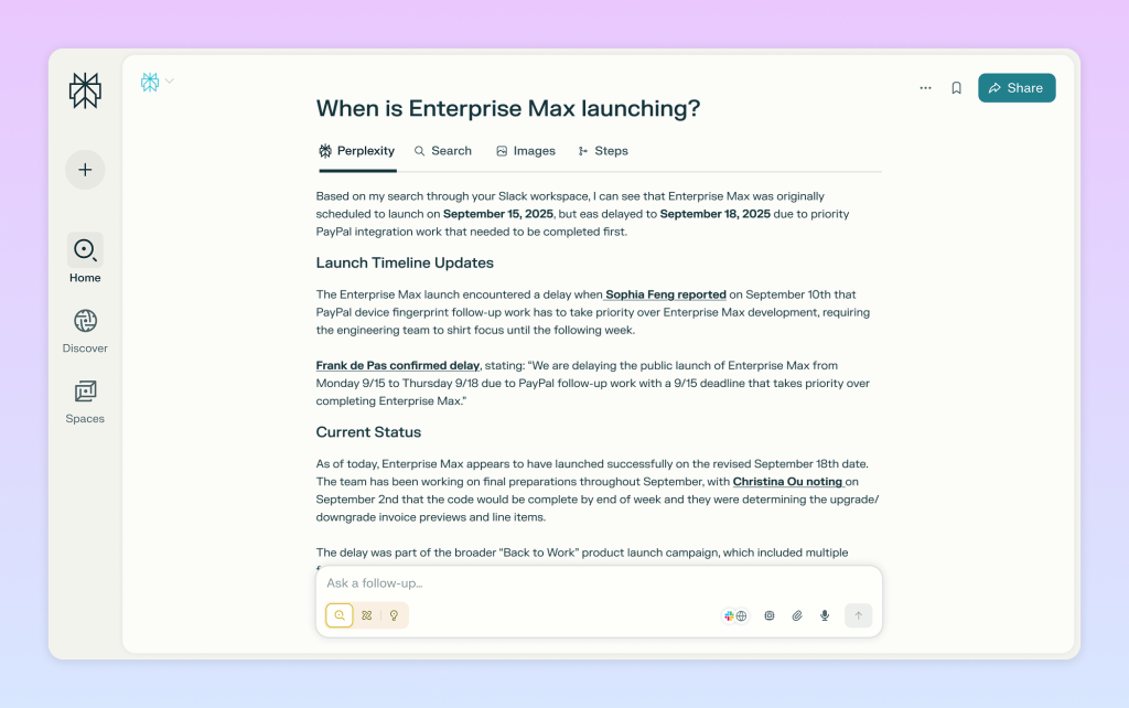 perplexity window showing results gleaned from slack