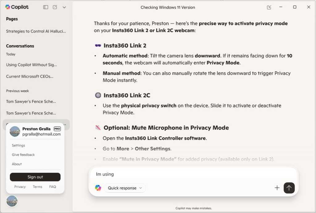 windows copilot screen with sign out option selected
