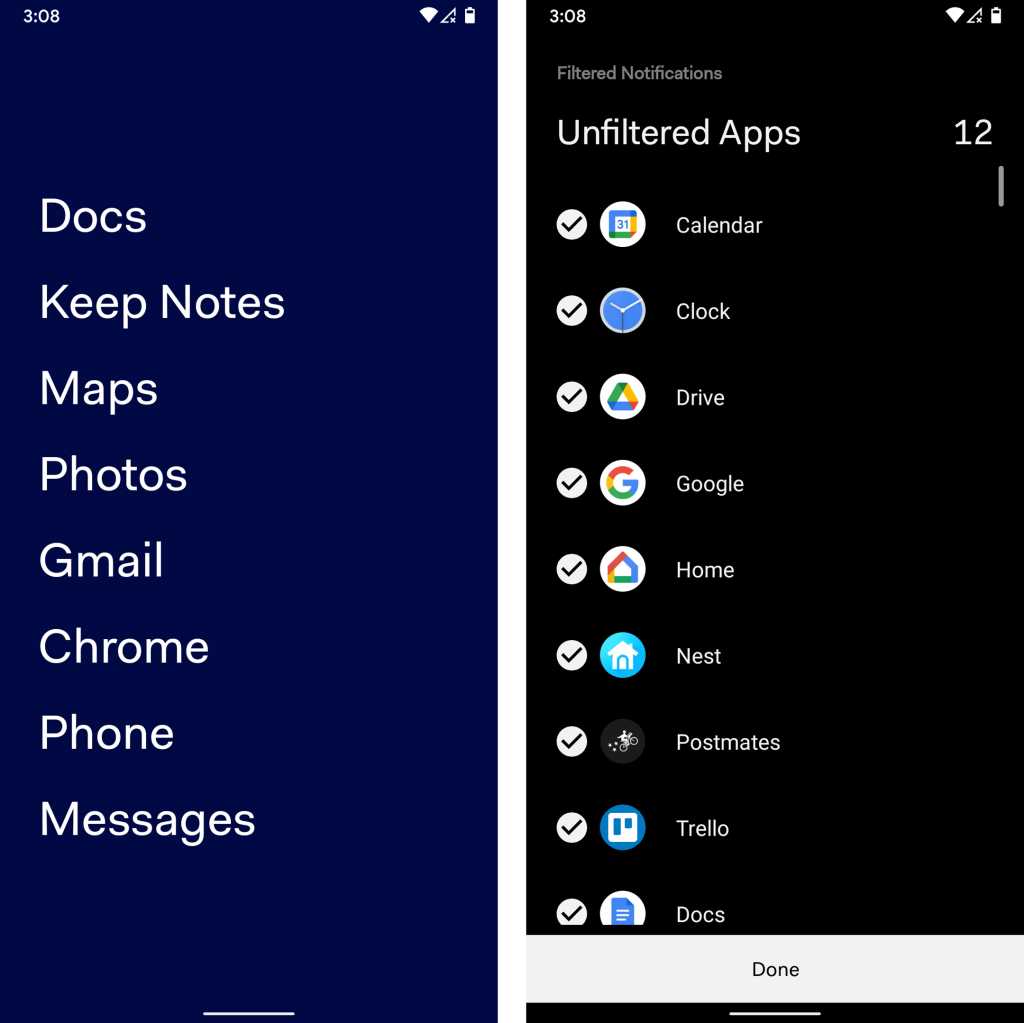 antes del iniciador en Android: pantalla de inicio y pantalla de filtrado de notificaciones de aplicaciones