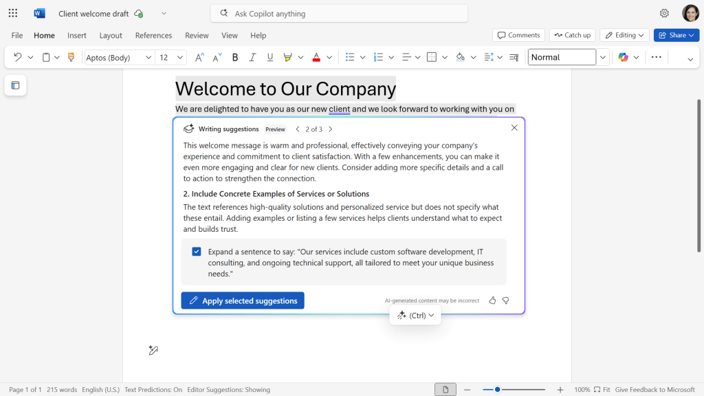 in word - copilot writing suggestions pane with suggestions for improvement to doc