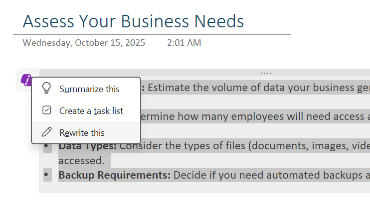 copilot icon in onenote with rewrite this selected from dropdown menu