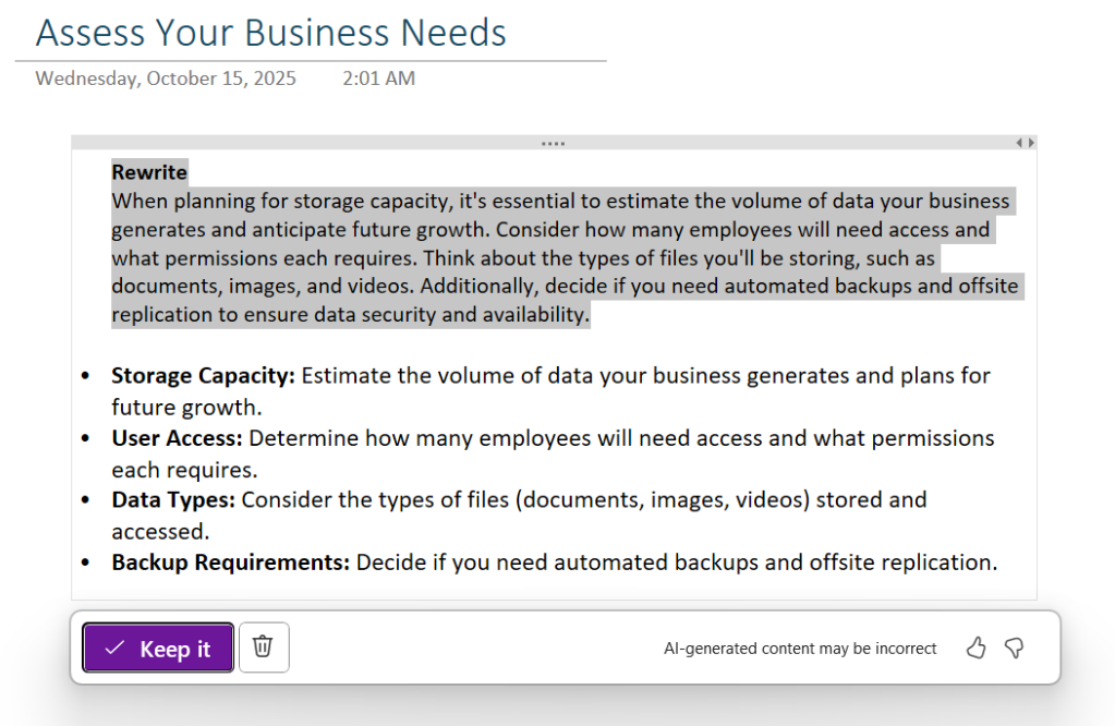 onenote text field with text rewritten by copilot on top and toolbar for taking action on it below