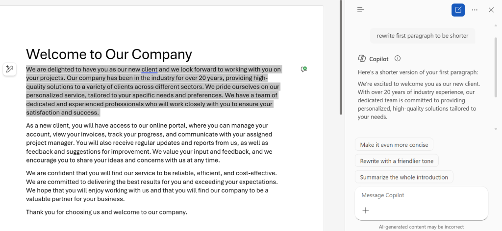 word document with selected paragraph on left and copilot sidebar on right with rewritten text