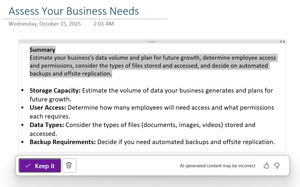 in onenote - note with copilot generated summary at top of text field