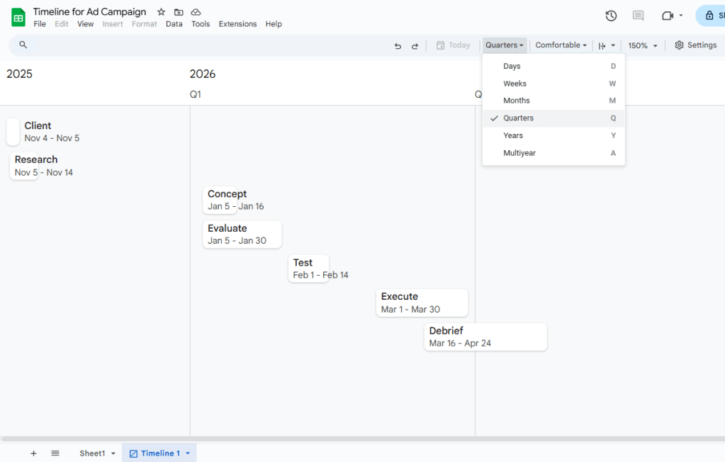 screenshot of timeline view in Google Sheets with toolbar dropdown menu showing different time intervals