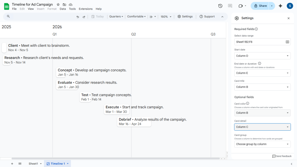 screenshot of a timeline in Google Sheets with details visible for each task card