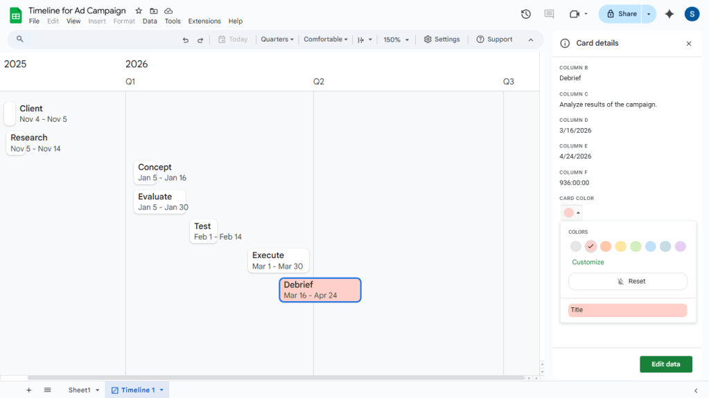 screenshot of timeline in Google Sheets with card details sidebar open and color selection menu showing