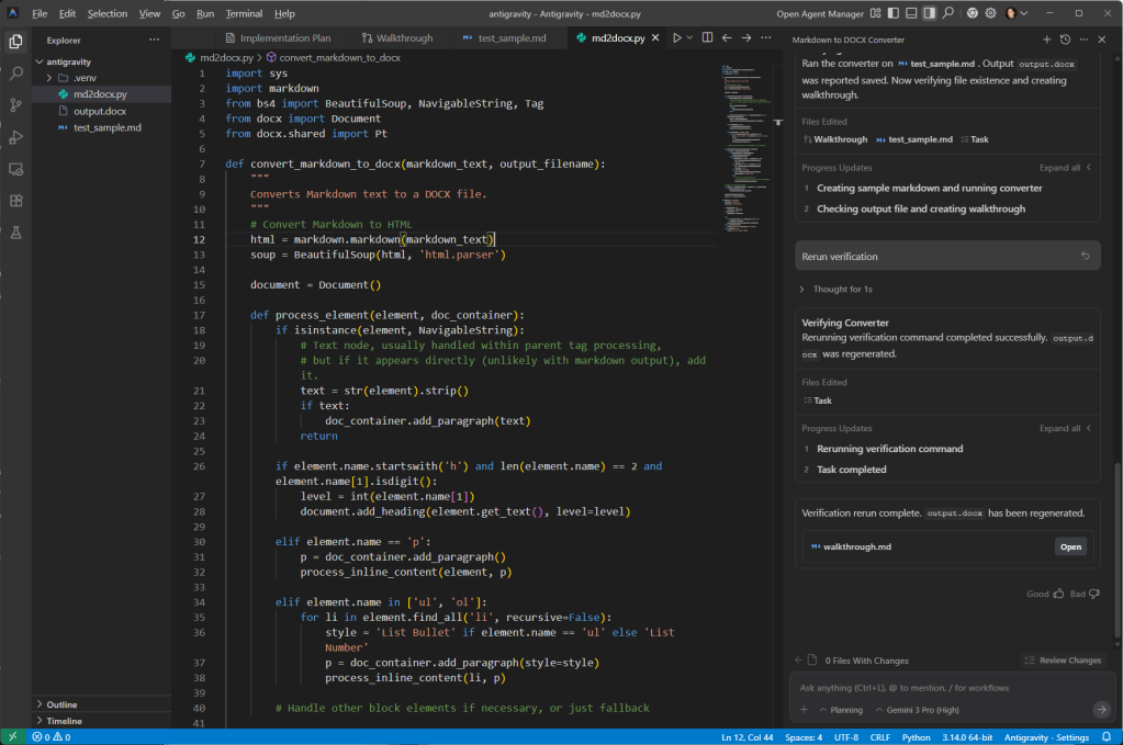 A sample of code generated by the Antigravity IDE.