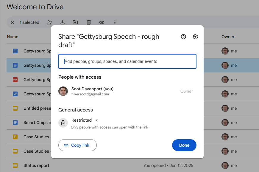 screenshot of initial share pane in google drive