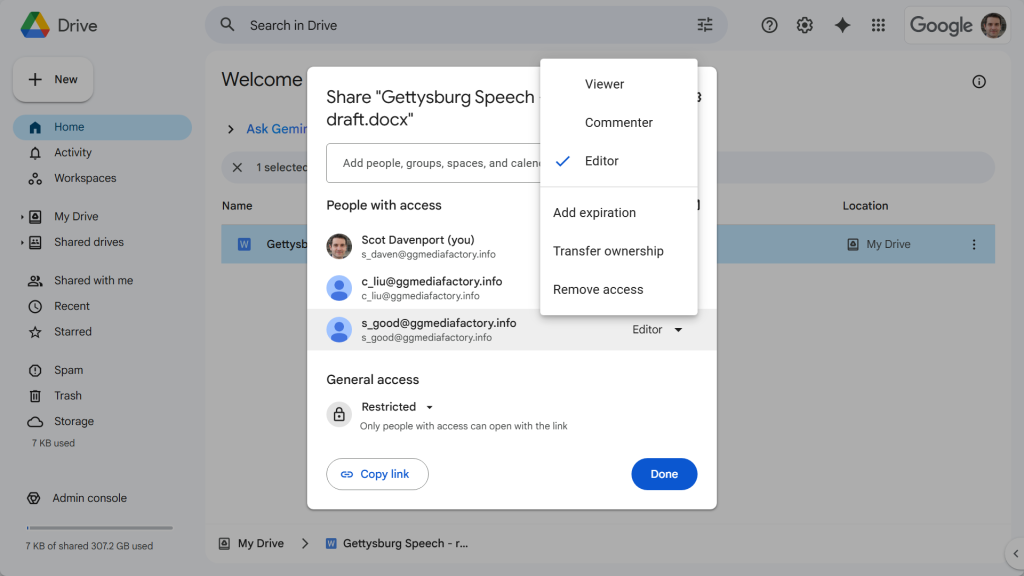 screenshot of google drive share pane - changing access permissions for one collaborator