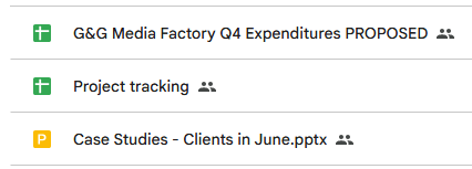 screenshot of documents list in google drive with shared icon to right of document names