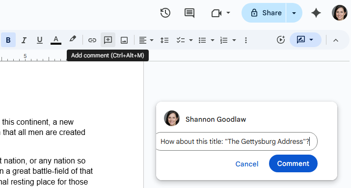 screenshot of document in google docs - add comment button highlighted and comment being entered to right of document