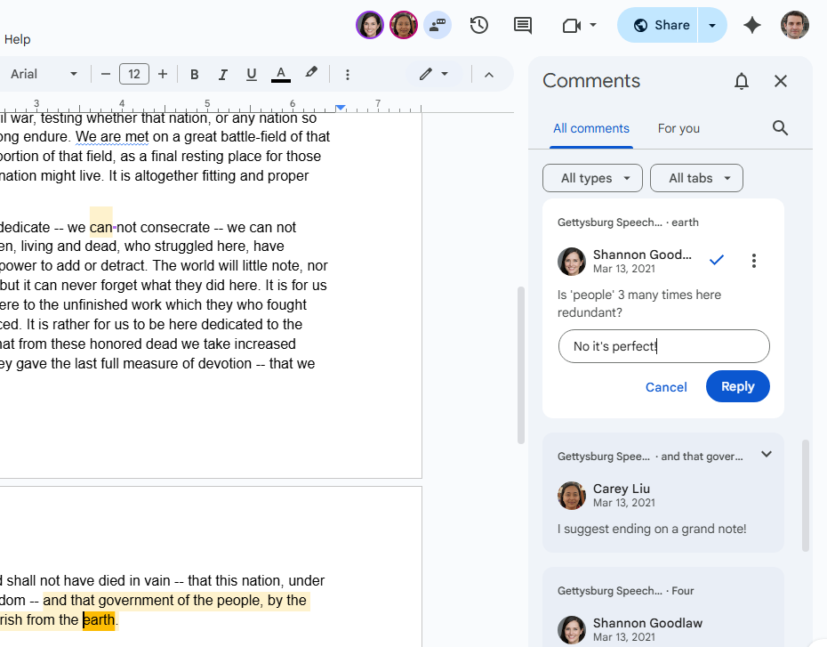 screenshot of comments pane open to right of document in google docs
