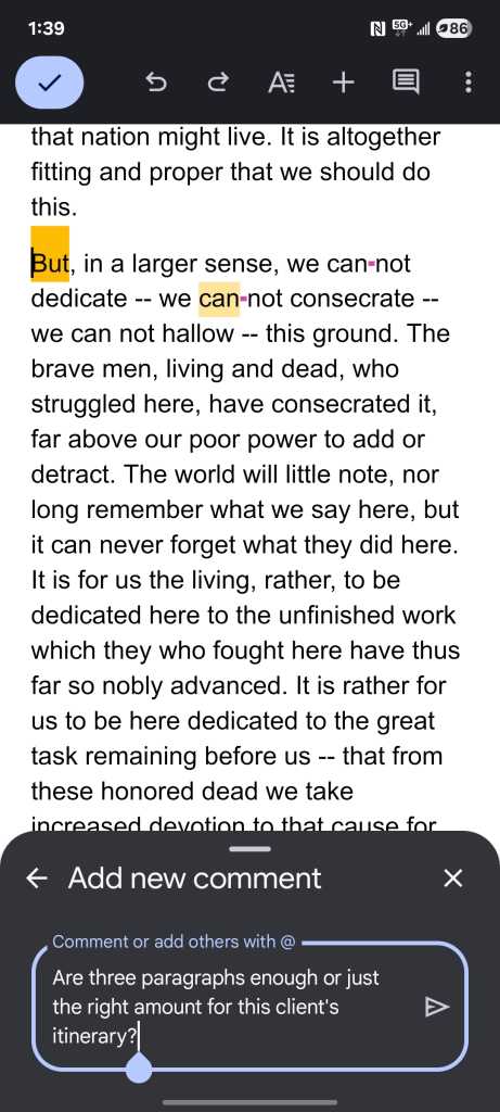 captura de pantalla de la aplicación de Google Docs para Android: agregue un nuevo panel de comentarios abierto sobre el documento