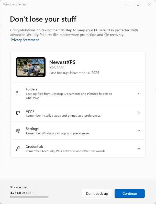 windows backup screen where you choose folders apps settings credentials to back up