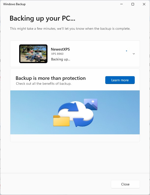 windows backup screen that says backing up your pc