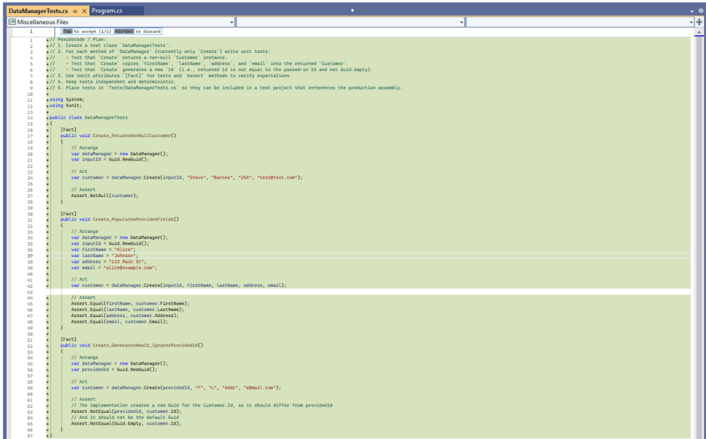 GitHub Copilot unit tests results