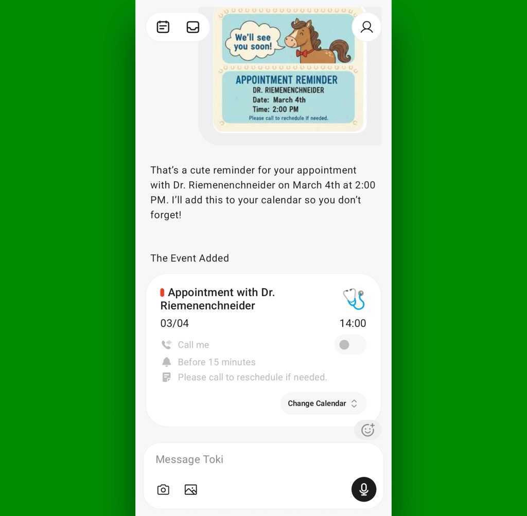 Android calendar scheduling — Toki: Photo confirmation
