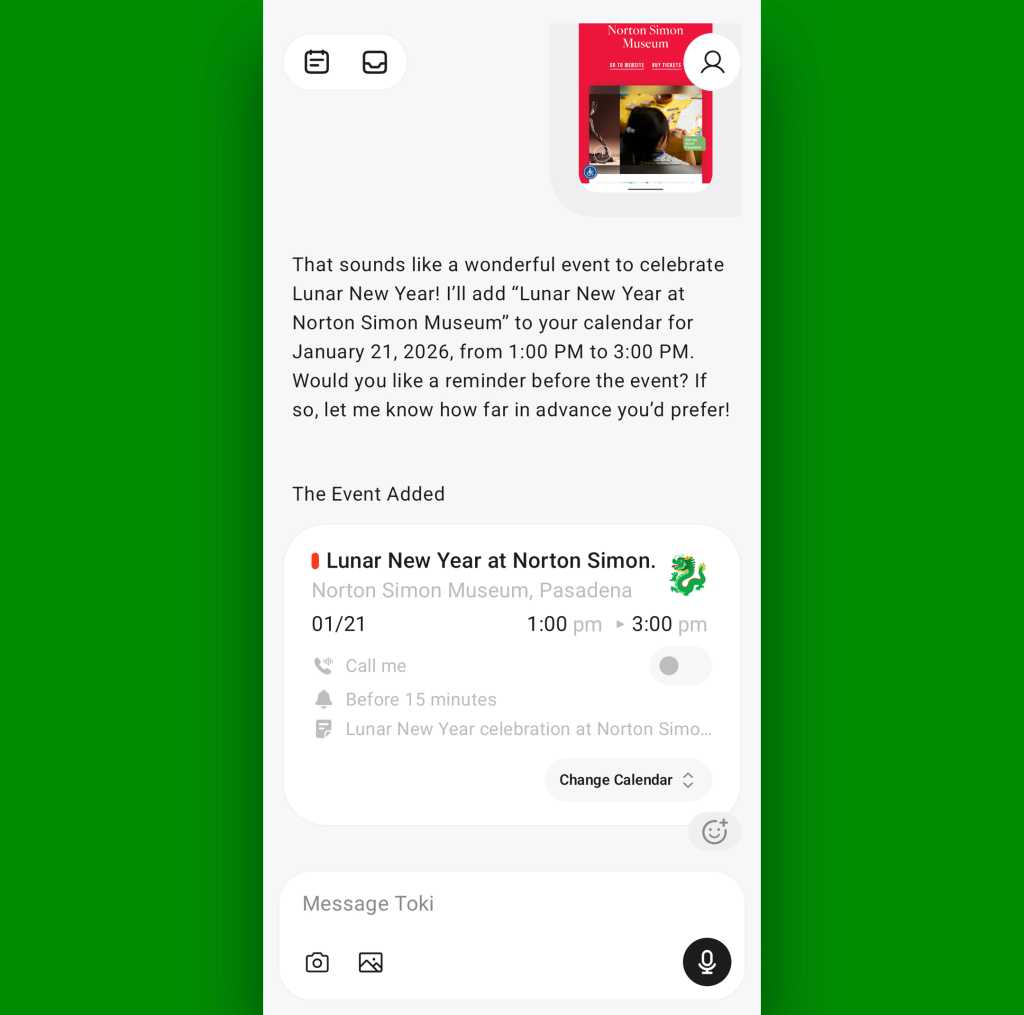 Android calendar scheduling — Toki: Screenshot confirmation