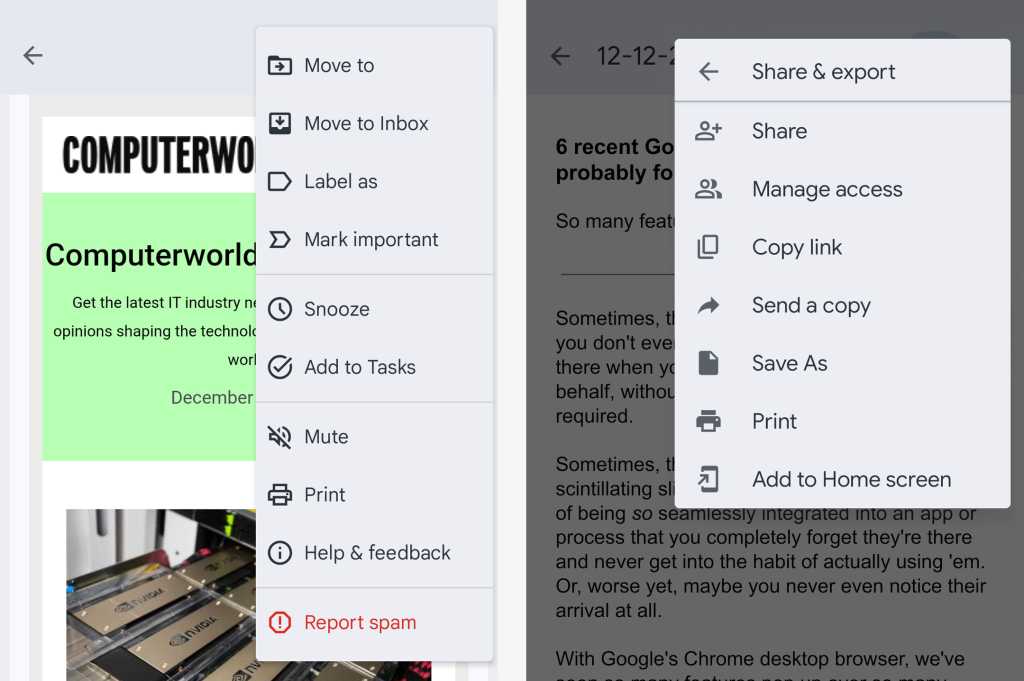 menus with print option in gmail and google docs apps on android