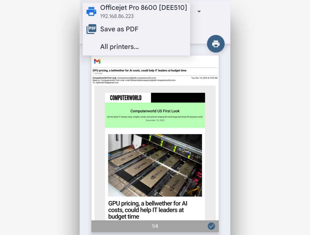 menu with printer list and save as pdf option in gmail on android