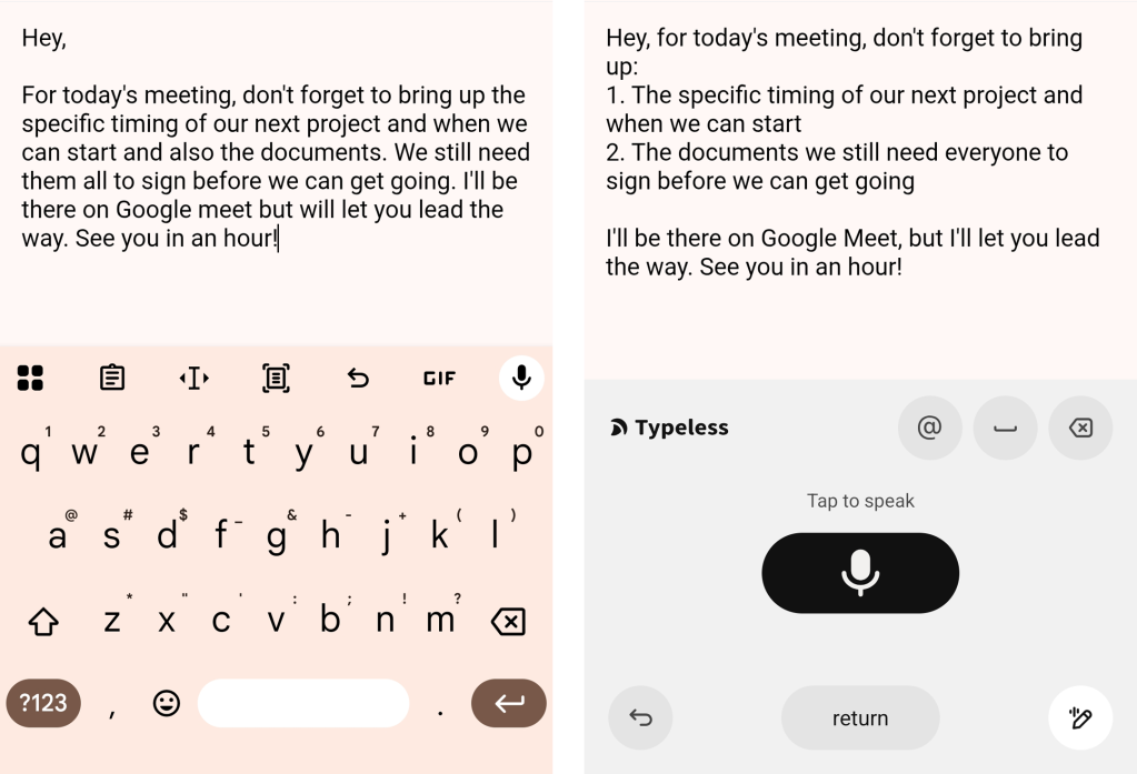 Android voice typing: Gboard vs. Typeless (1)