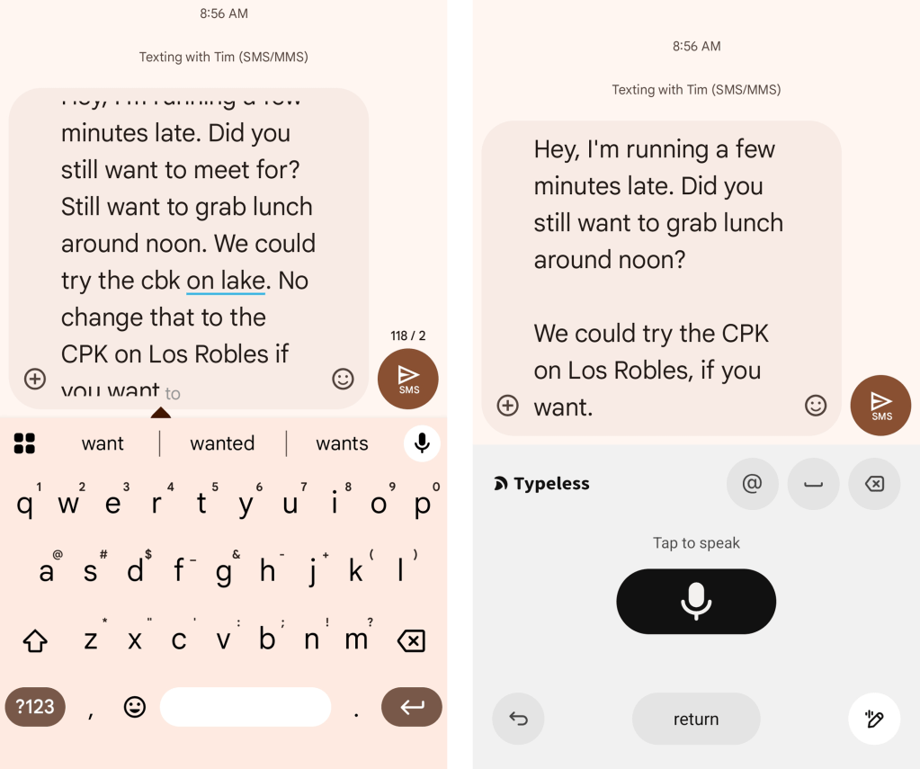 Android voice typing: Gboard vs. Typeless (2)
