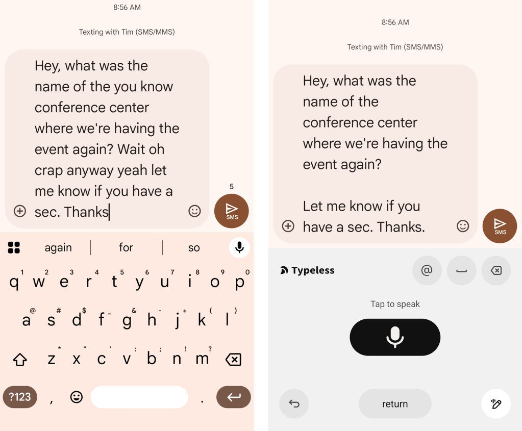 Android voice typing: Gboard vs. Typeless (3)