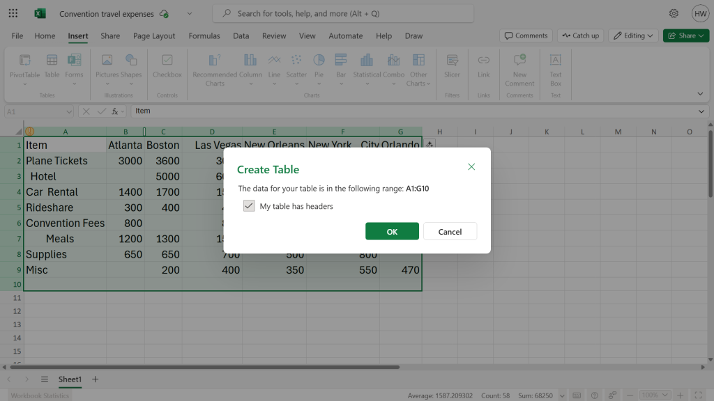 excel spreadsheet overlaid with create table dialog box
