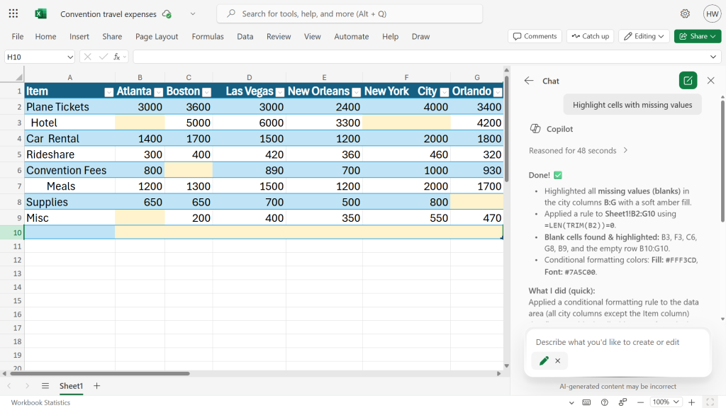 spreadsheet with empty cells highlighted. copilot sidebar on right details steps taken to find and highlight those cells