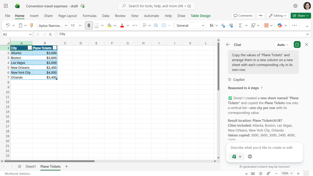 excel screen with new table created by copilot in main area. the steps it took to create it are detailed in the copilot sidebar on the right.