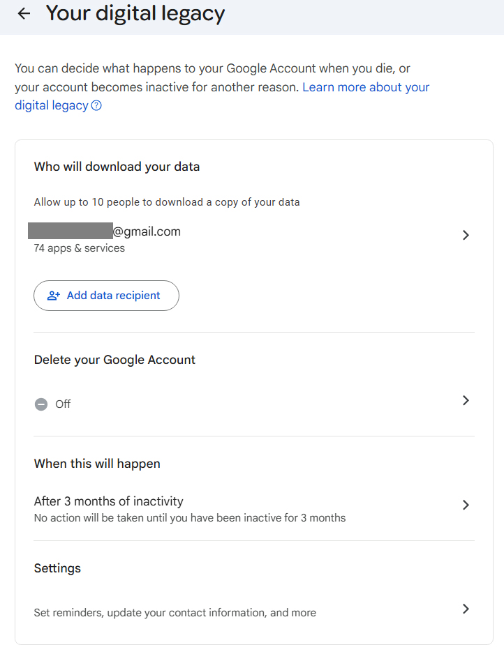 your digital legacy page for your google acount