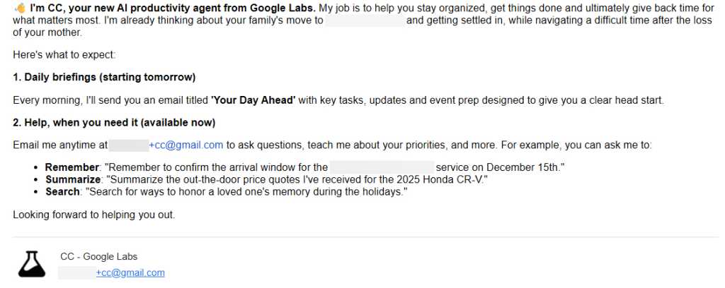 a welcome email from the google cc ai agent that mentions the recent death of a family member