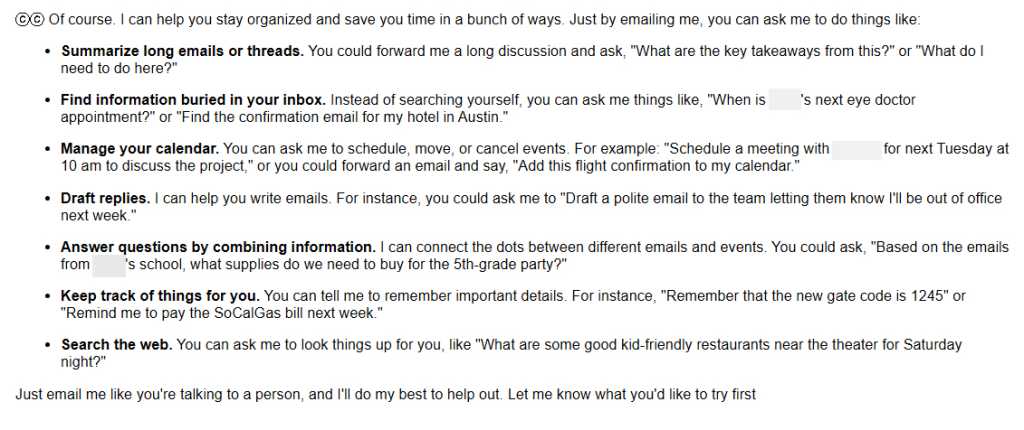 suggestions from google cc of things it can do for you