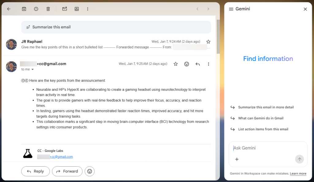 gmail window with google cc reply on left and similar suggestions in gemini pane on right