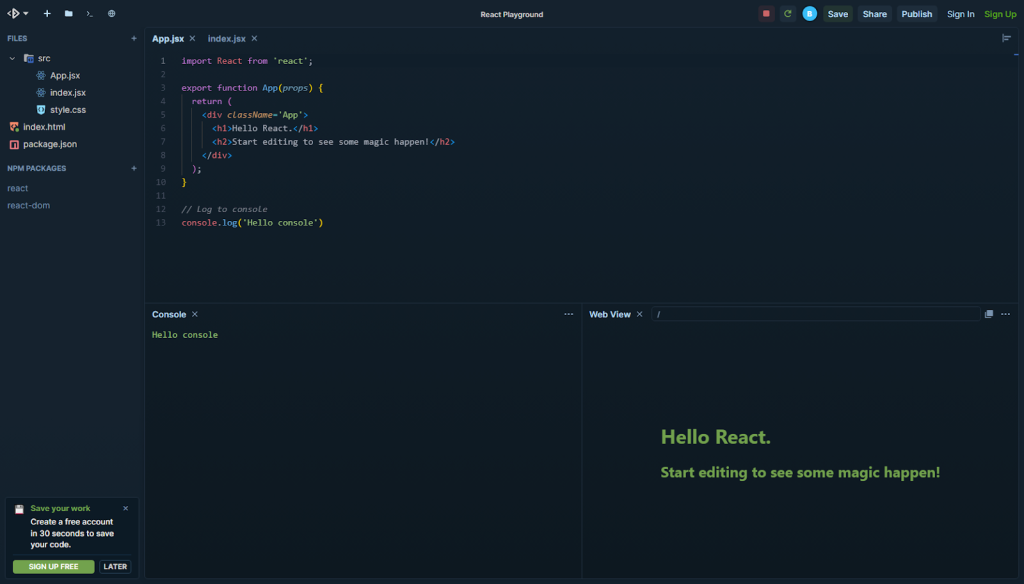 A screenshot shows the layout of a basic Rwact JavaScript application.