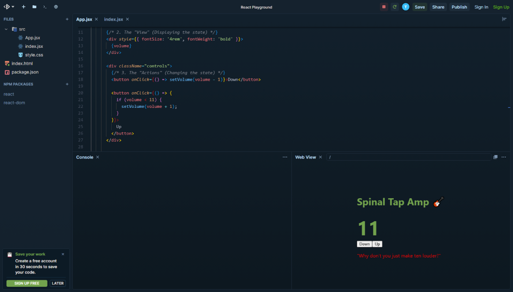 A screenshot of a counter app developed in React.
